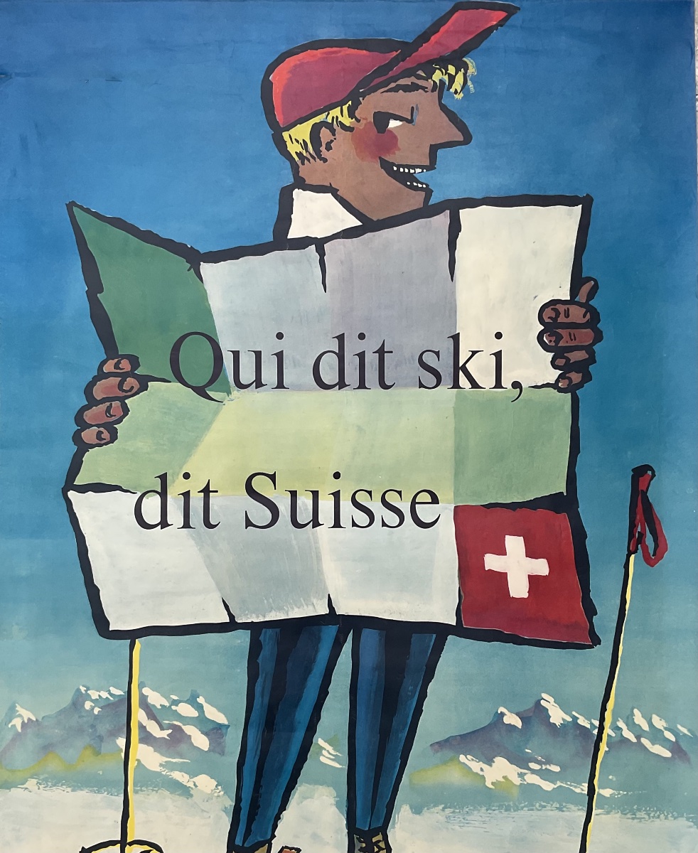 PIERRE MONNERAT AFFICHE ORIGINALE 1950 NEIGE SKI MONTAGNE SUISSE VINTAGE POSTER-photo-2