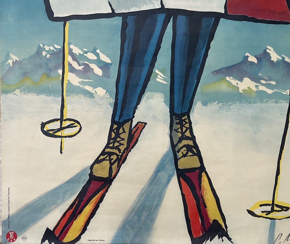PIERRE MONNERAT AFFICHE ORIGINALE 1950 NEIGE SKI MONTAGNE SUISSE VINTAGE POSTER-photo-1