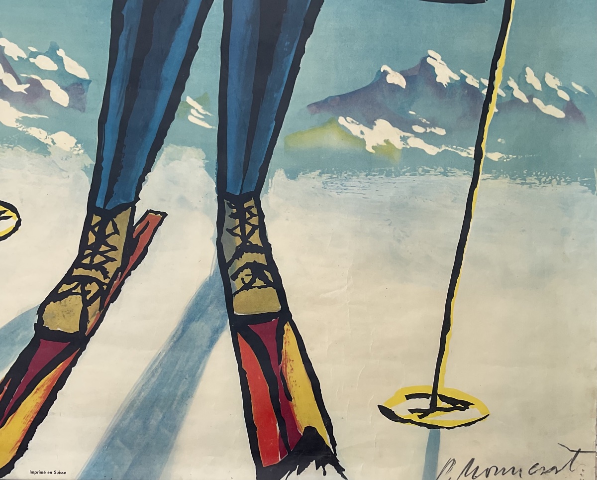 PIERRE MONNERAT AFFICHE ORIGINALE 1950 NEIGE SKI MONTAGNE SUISSE VINTAGE POSTER-photo-2