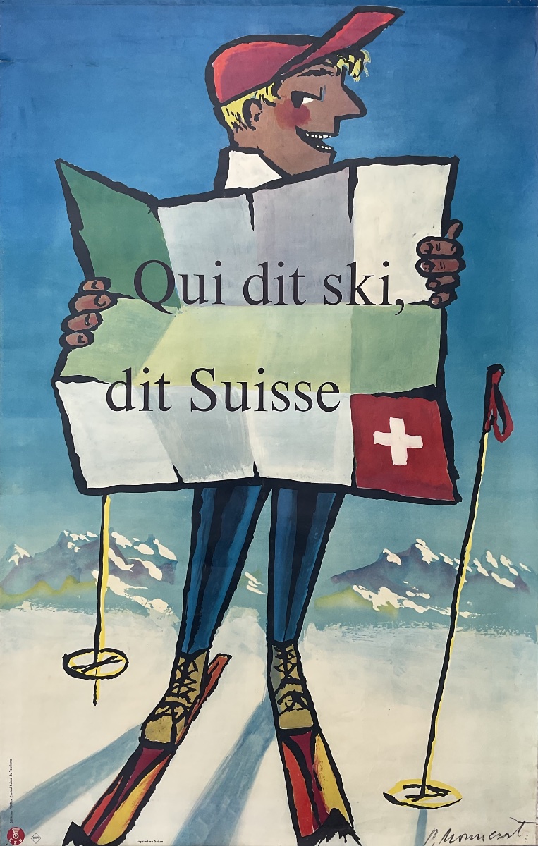 PIERRE MONNERAT AFFICHE ORIGINALE 1950 NEIGE SKI MONTAGNE SUISSE VINTAGE POSTER