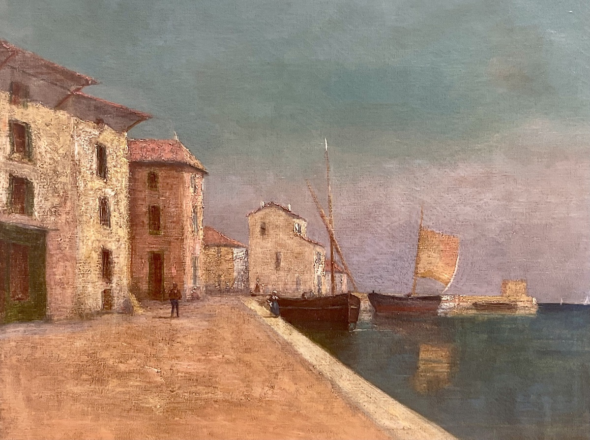 19th-century School Painting: Southern Landscape With Port And Boat, Hst Painting, 65 X 54 Cm -photo-2