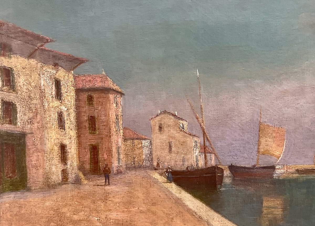 19th-century School Painting: Southern Landscape With Port And Boat, Hst Painting, 65 X 54 Cm -photo-3
