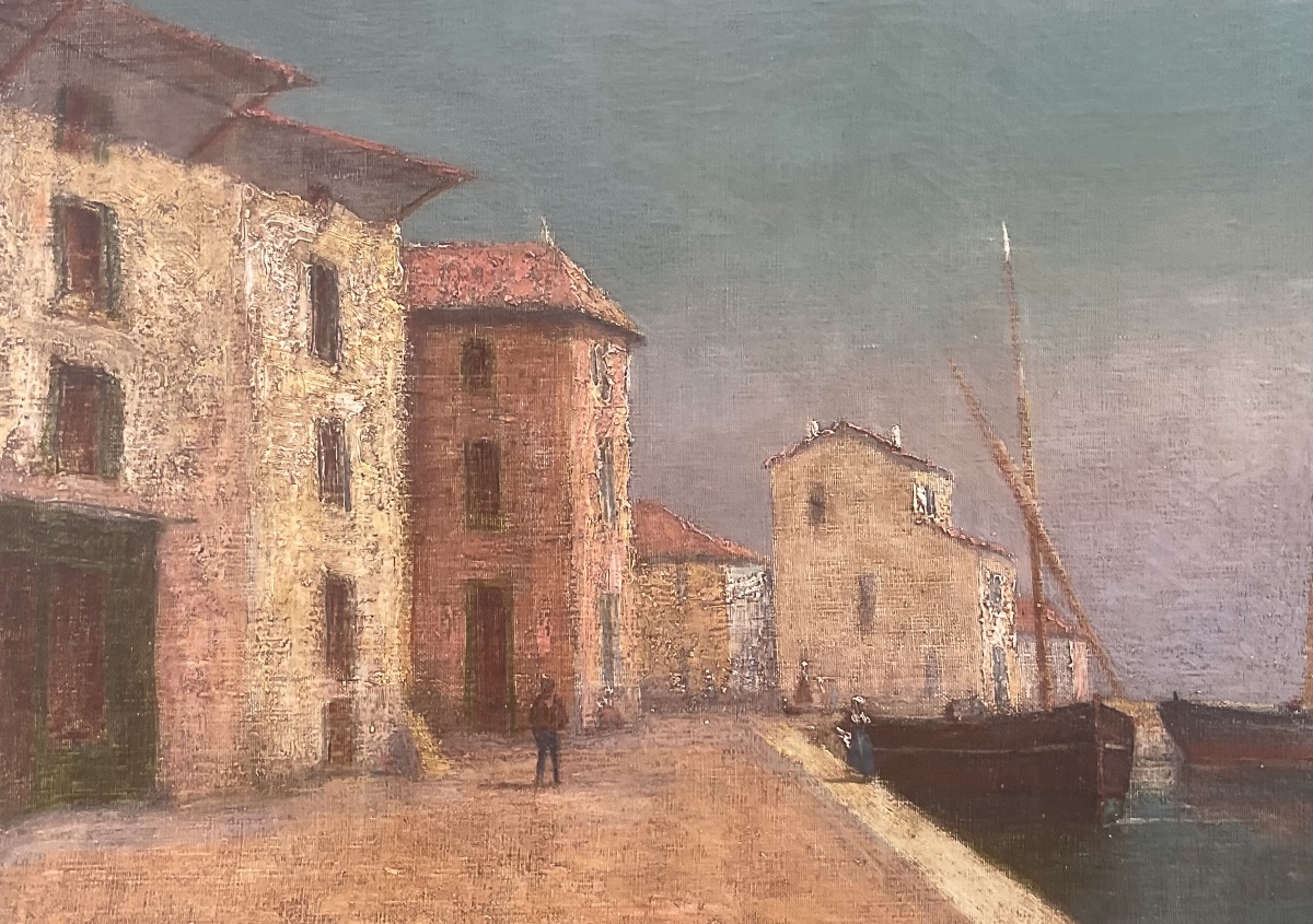 19th-century School Painting: Southern Landscape With Port And Boat, Hst Painting, 65 X 54 Cm -photo-1