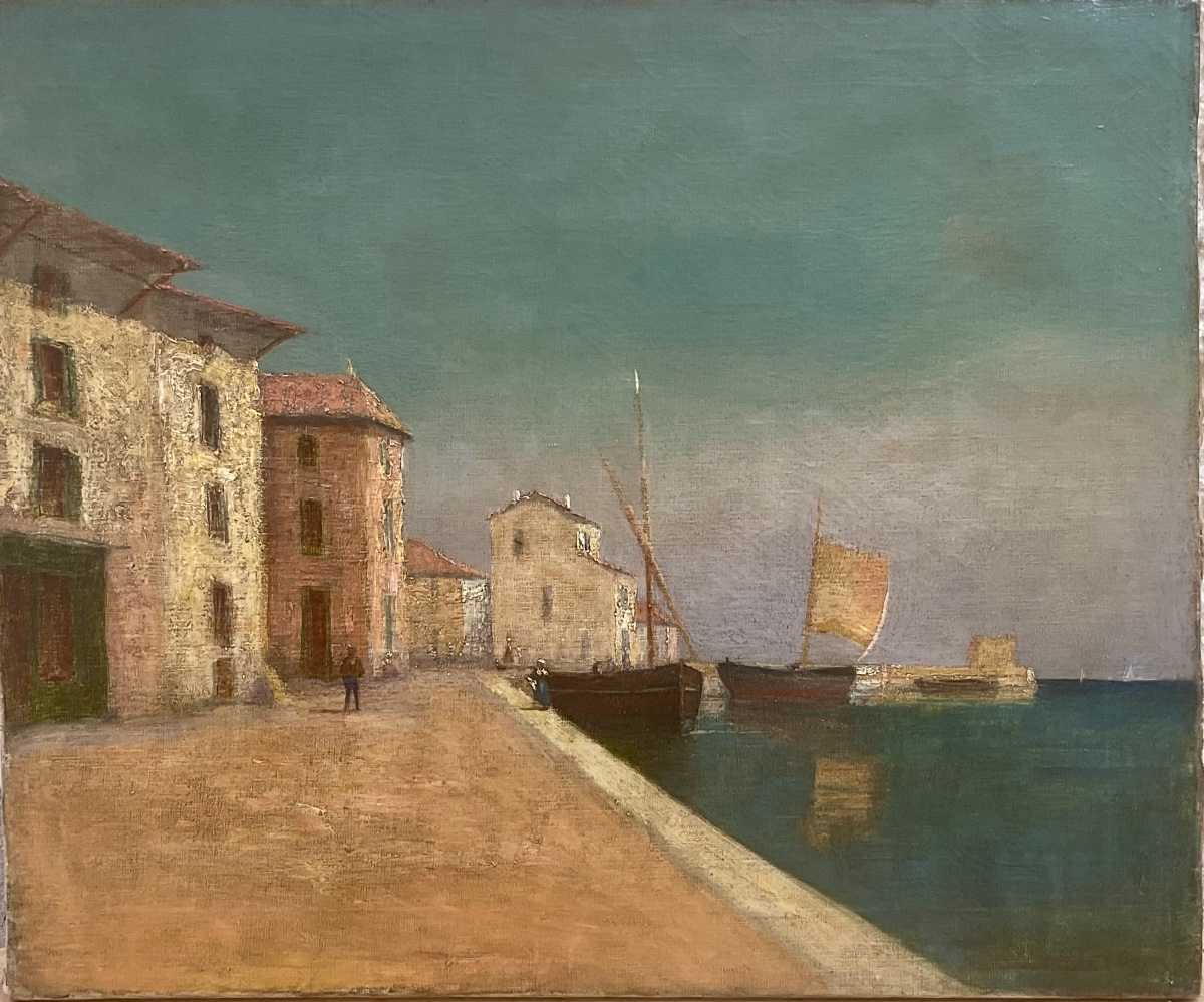 19th-century School Painting: Southern Landscape With Port And Boat, Hst Painting, 65 X 54 Cm 