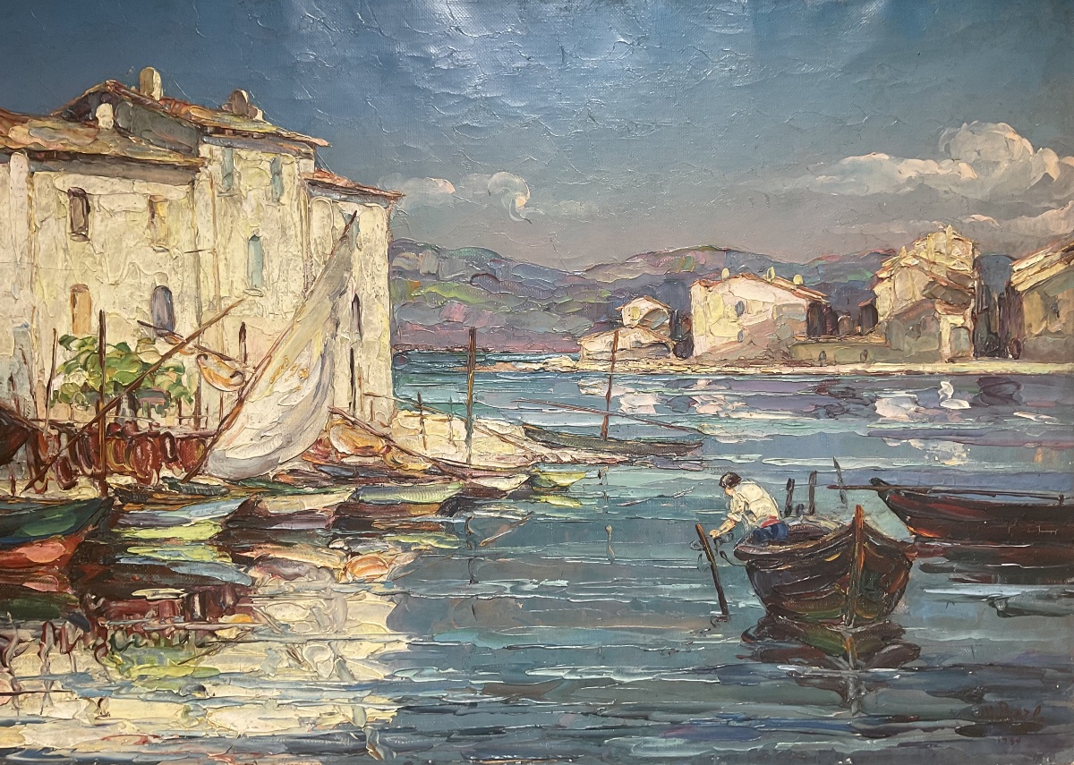 Maurice Barle Tableau HST Peinture 1930 port de Martigues Le Brescon 40 x 75 cm-photo-3