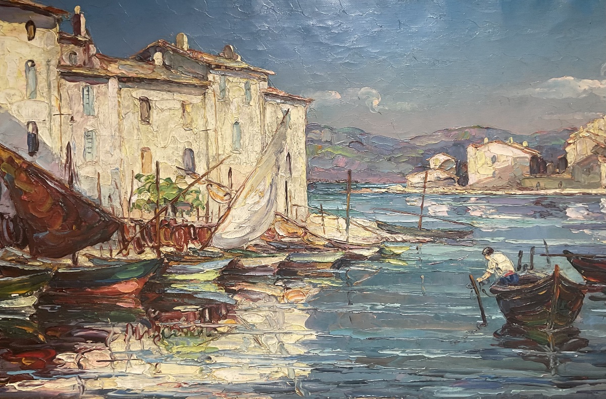 Maurice Barle Tableau HST Peinture 1930 port de Martigues Le Brescon 40 x 75 cm-photo-4