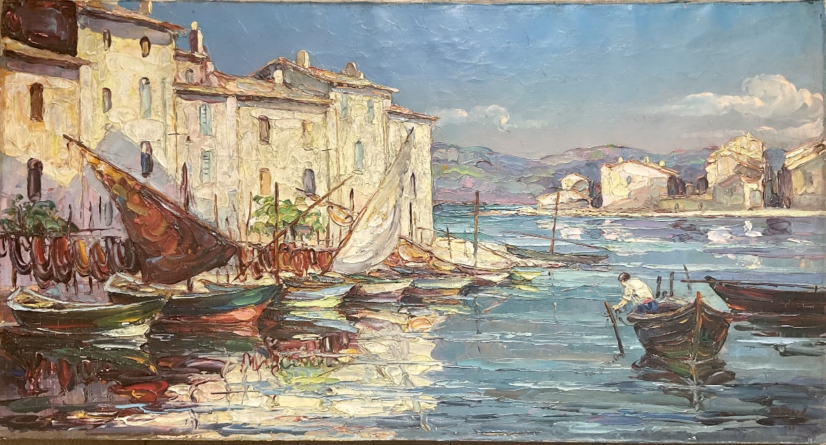 Maurice Barle Tableau HST Peinture 1930 port de Martigues Le Brescon 40 x 75 cm