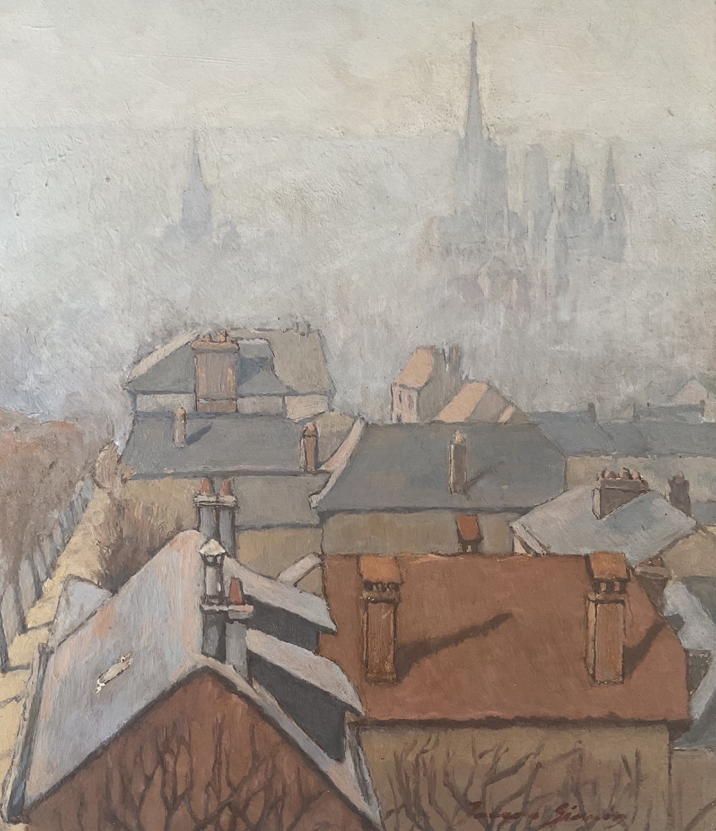 Jacques Simon Tableau Peinture vue sur les toits et Clochers de Rouen 1930/40-photo-3