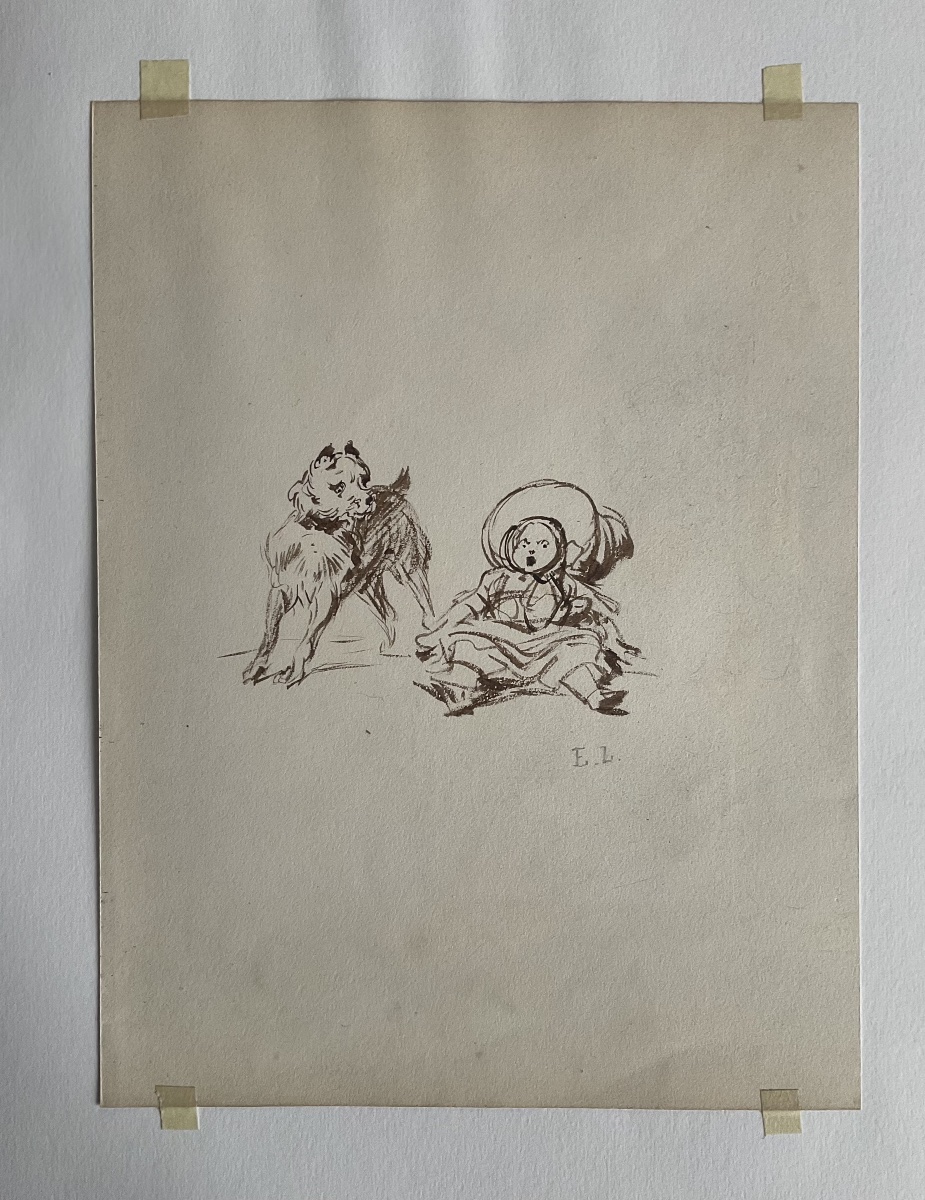 Eugene Louis Lami Dessin encre  Sépia 1850  Enfant et chien -photo-2