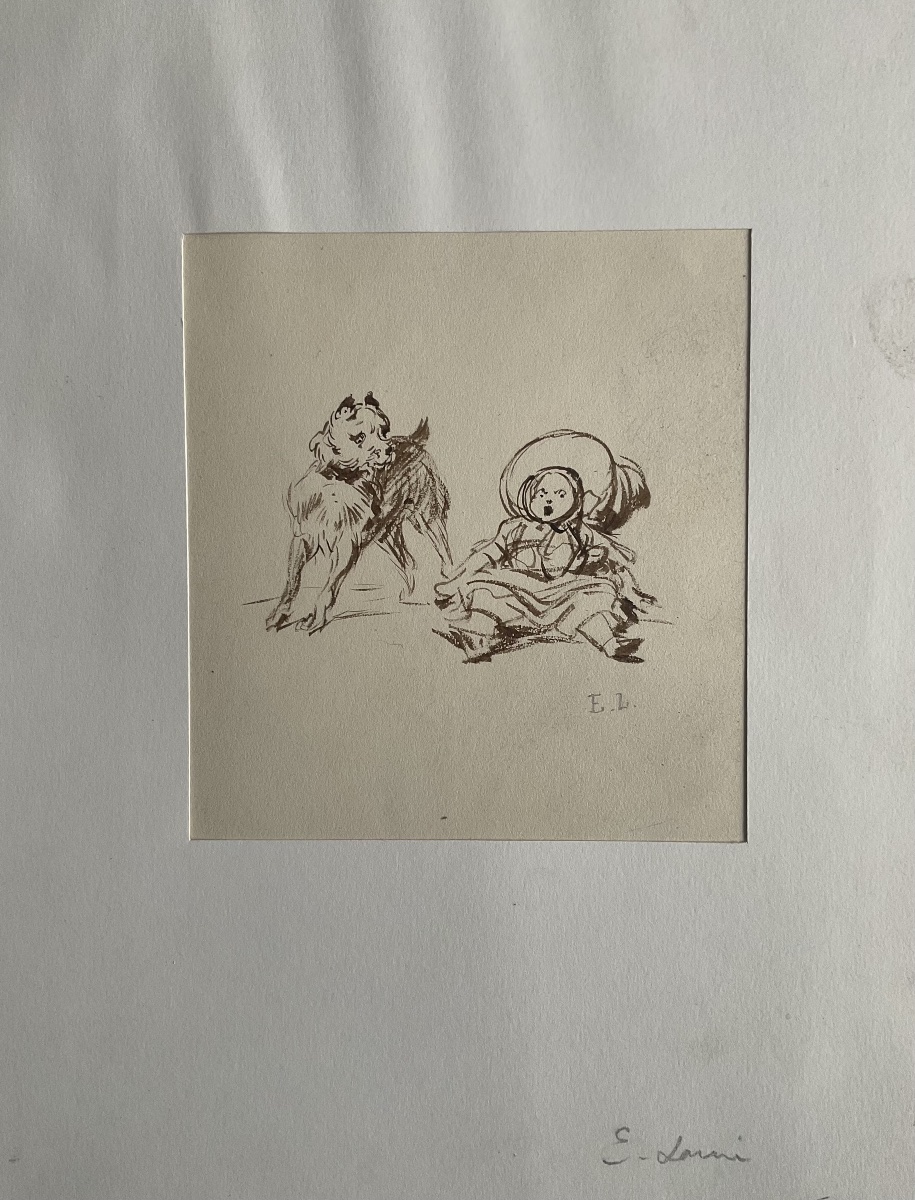Eugene Louis Lami Dessin encre  Sépia 1850  Enfant et chien 