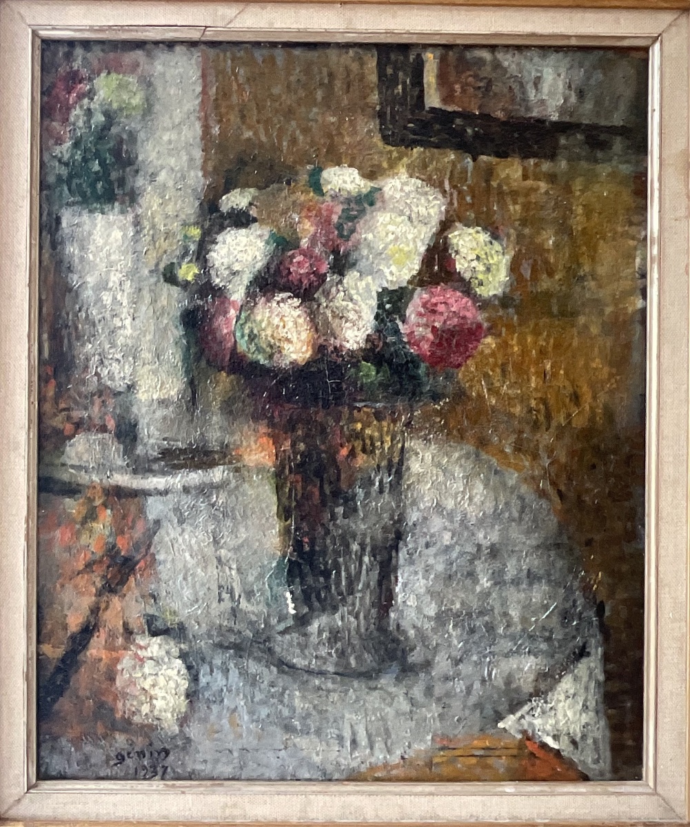 Robert Genin, Russian Painter, Painting From 1937, Still Life Painting Of A Bouquet Of Flowers -photo-3