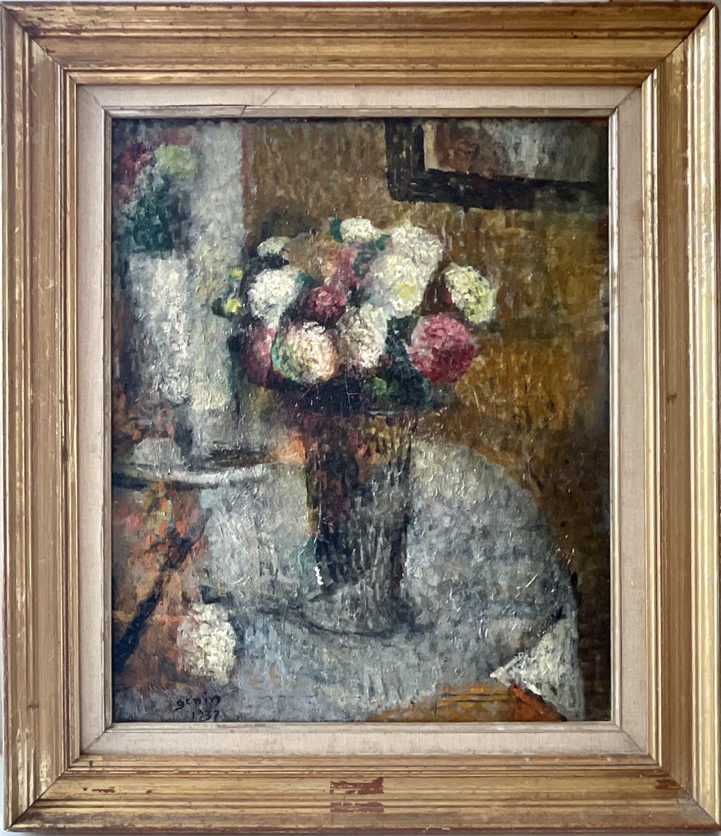 Robert Genin, Russian Painter, Painting From 1937, Still Life Painting Of A Bouquet Of Flowers 