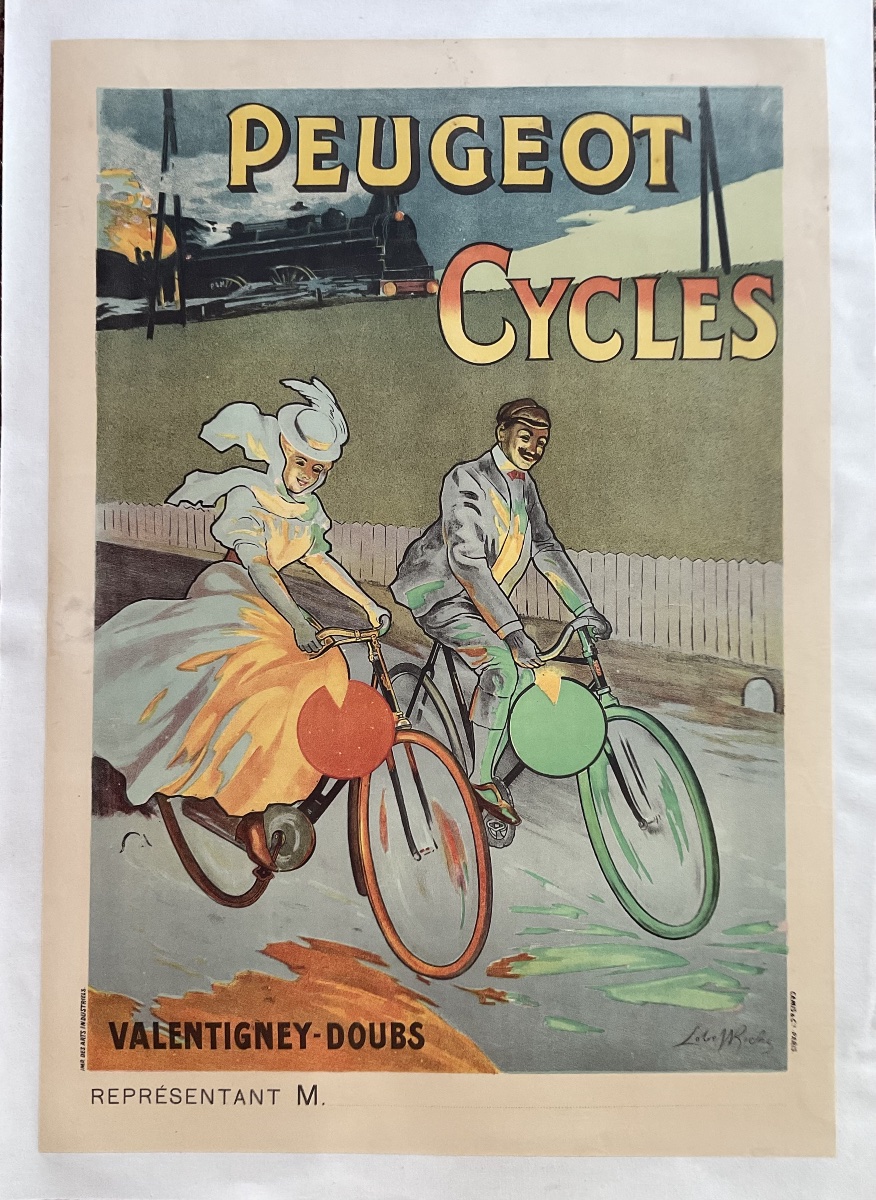 Lobel Riche Rare Lithographic Poster, 1900, Peugeot Bicycle, Valentigney, Doubs, 1900 Poster
