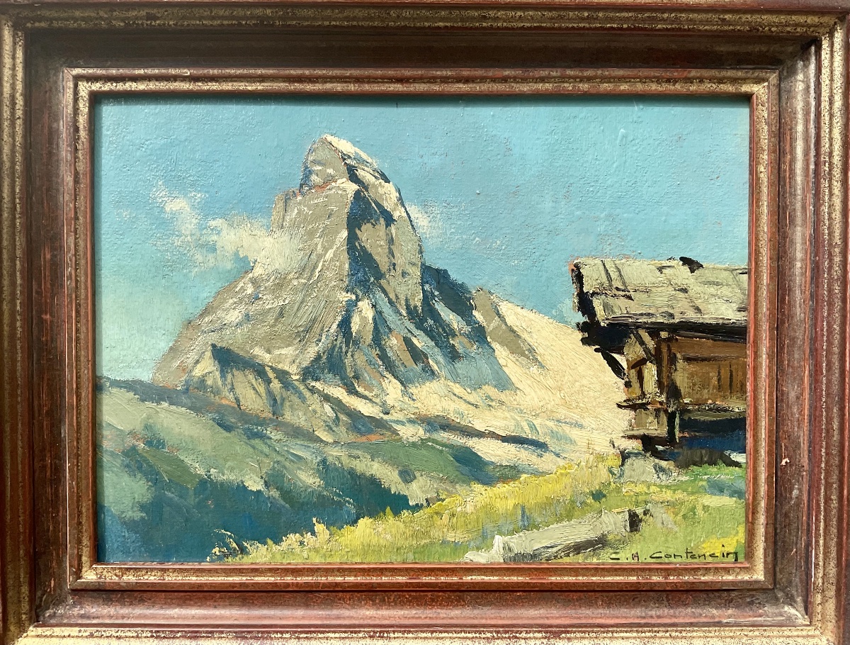  CHARLES HENRI CONTENCIN TABLEAU MONTAGNE VUE CERVIN CHALET À WINKELMATTEN SUISSE-photo-2