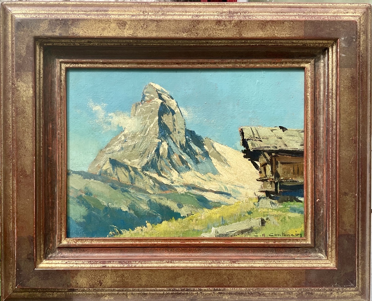  CHARLES HENRI CONTENCIN TABLEAU MONTAGNE VUE CERVIN CHALET À WINKELMATTEN SUISSE