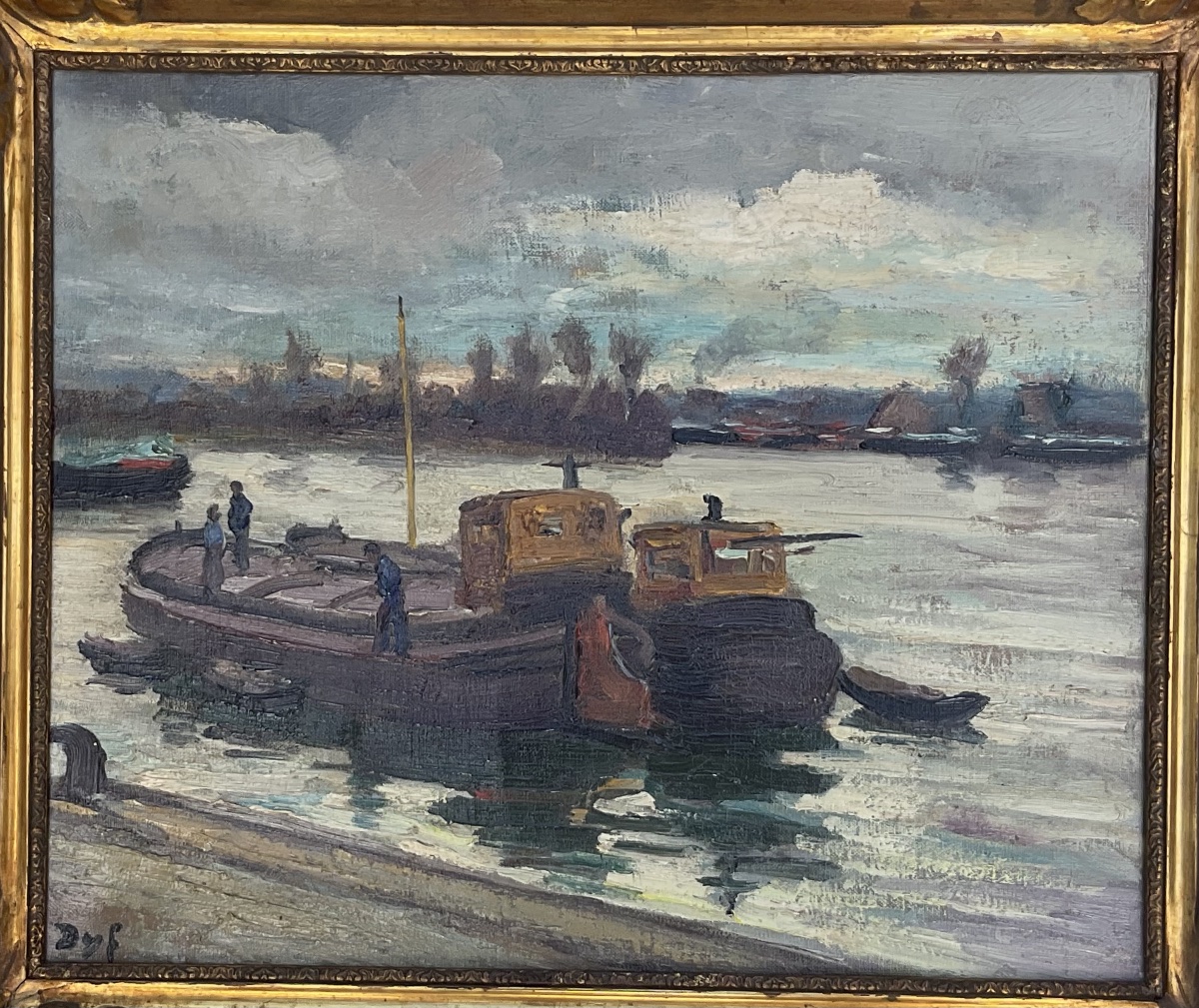 MARCEL DYF TABLEAU PÉNICHES BORD DE SEINE PEINTURE ORIGINALE MARINE 1960 -photo-2