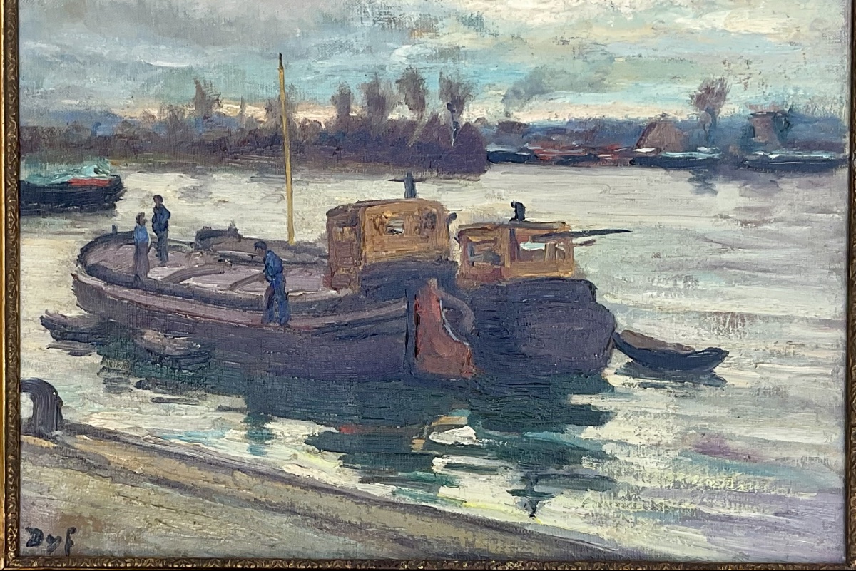 MARCEL DYF TABLEAU PÉNICHES BORD DE SEINE PEINTURE ORIGINALE MARINE 1960 -photo-3