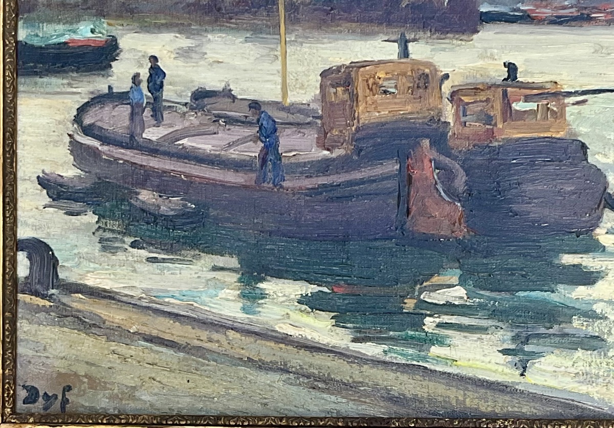 MARCEL DYF TABLEAU PÉNICHES BORD DE SEINE PEINTURE ORIGINALE MARINE 1960 -photo-1