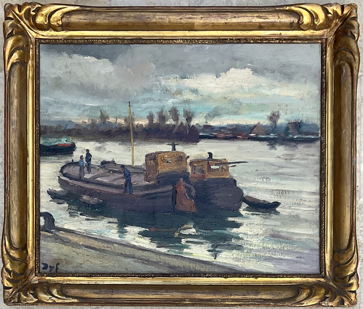 MARCEL DYF TABLEAU PÉNICHES BORD DE SEINE PEINTURE ORIGINALE MARINE 1960 