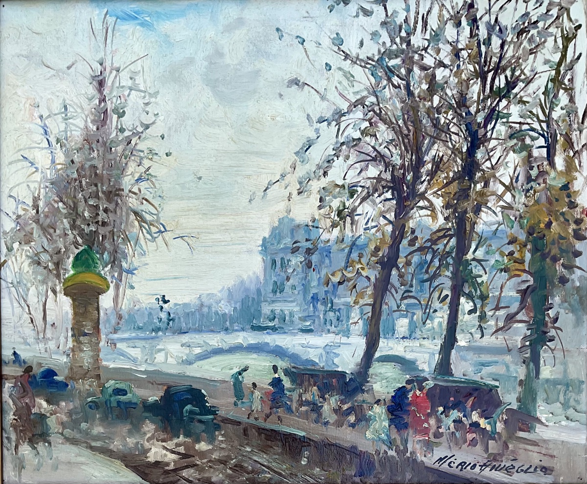 Mério Améglio Tableau HST Paris les quais le Louvre Dim : 55 x 46 cm-photo-2