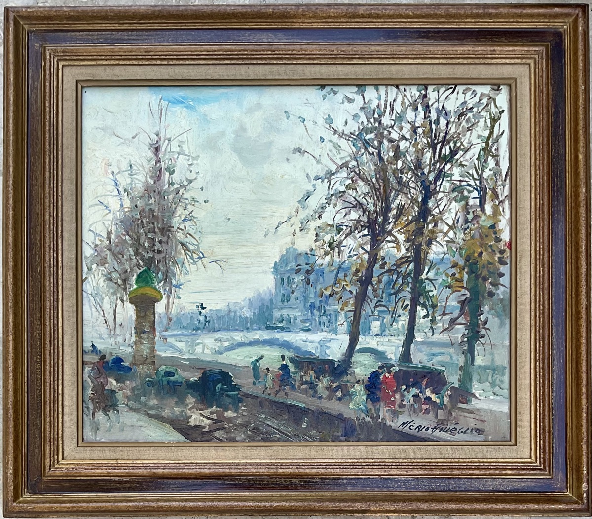 Mério Améglio Tableau HST Paris les quais le Louvre Dim : 55 x 46 cm