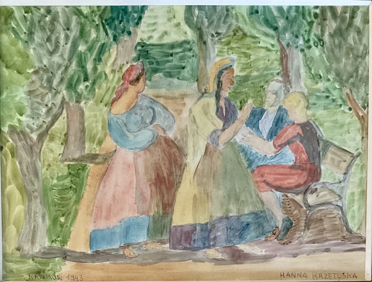 HANNA KRZETUSKA AQUARELLE PERSONNAGES AU PARC 1943 KRAKOW CRACOVIE POLOGNE-photo-2