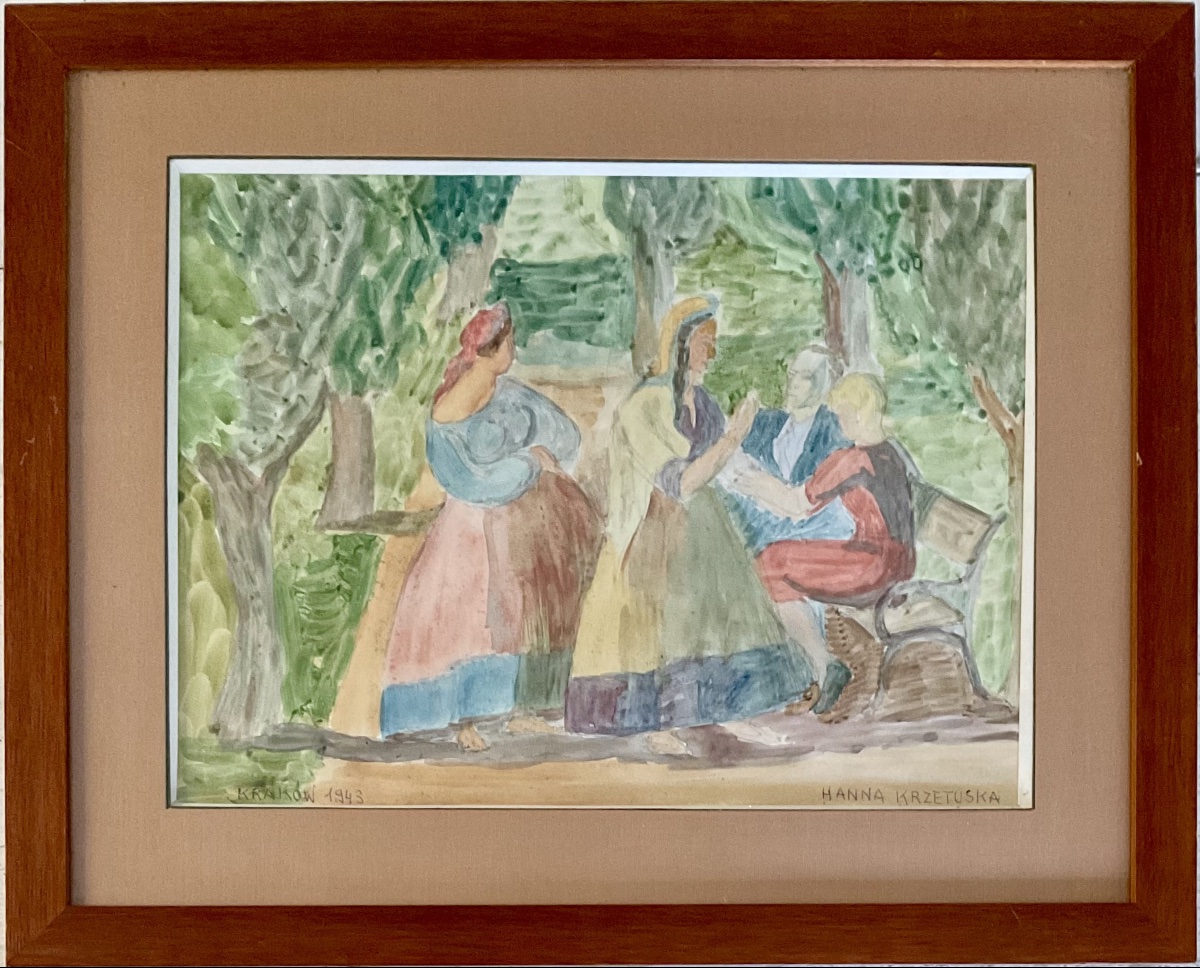 HANNA KRZETUSKA AQUARELLE PERSONNAGES AU PARC 1943 KRAKOW CRACOVIE POLOGNE