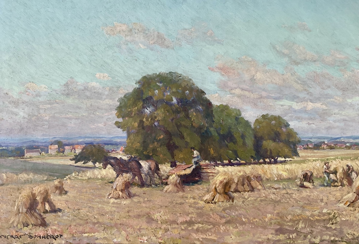 Pierre Bonnerot grand tableau 1930/40 Paysage le travail aux champs campagne 100 x 60 cm-photo-3