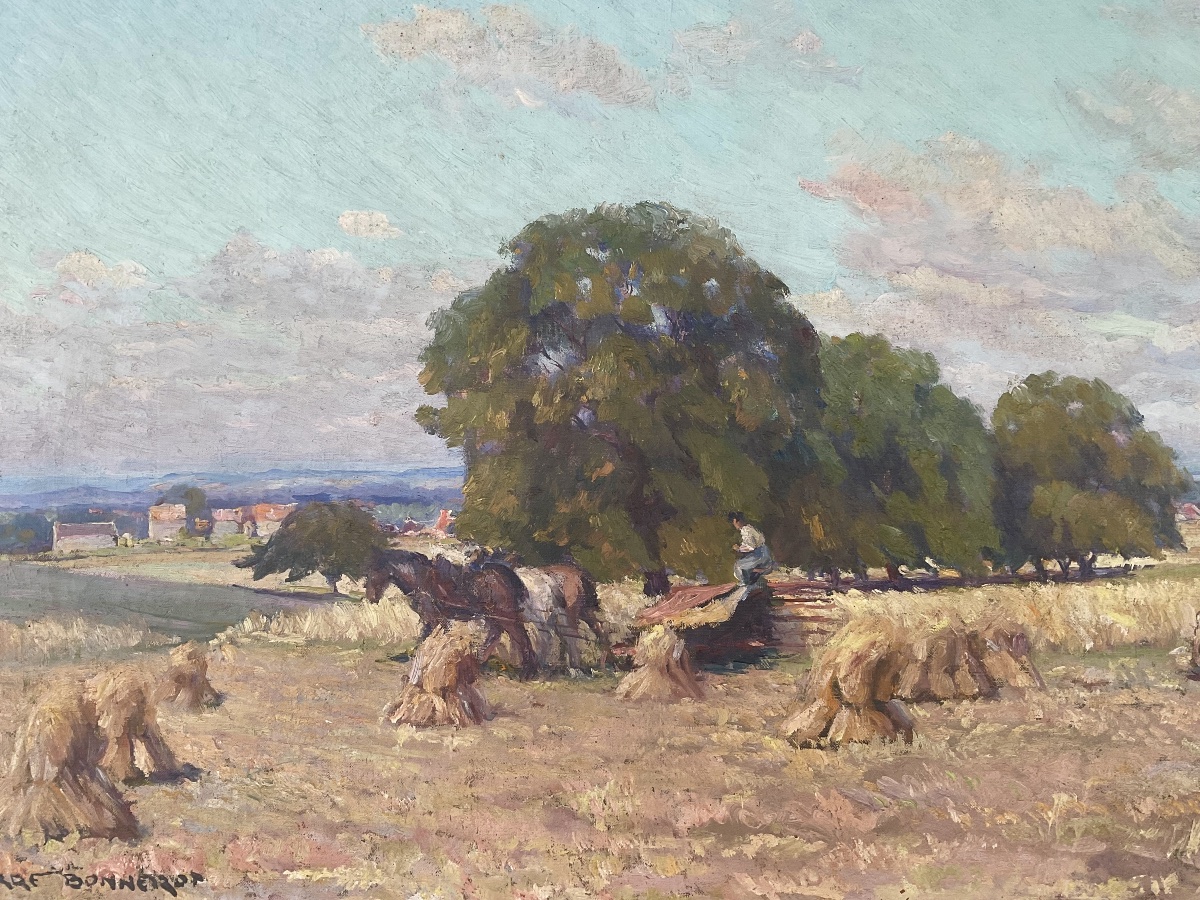 Pierre Bonnerot grand tableau 1930/40 Paysage le travail aux champs campagne 100 x 60 cm-photo-4