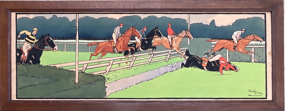 HARRY ELIOTT PAIRE DE FRISES GRANDS POCHOIRS  ÉQUITATION CHEVAL LITHO ORIGINALE 1909-photo-2