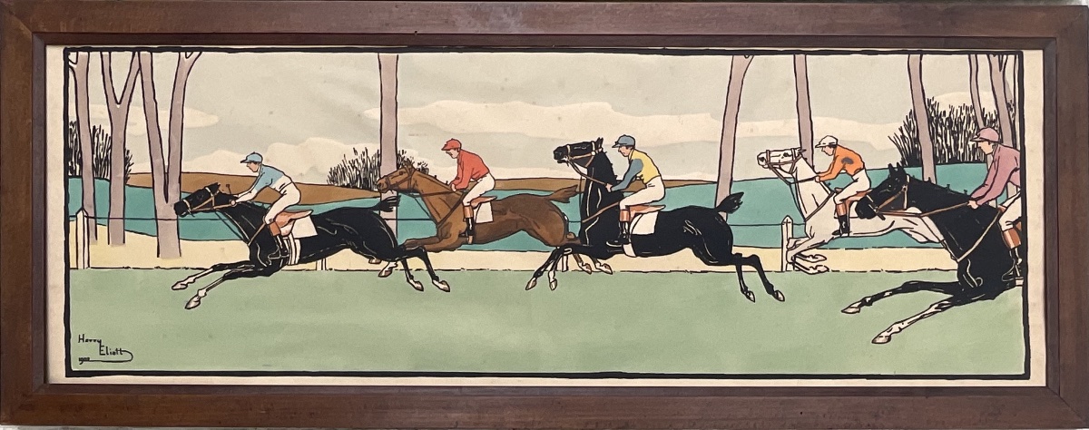 HARRY ELIOTT PAIRE DE FRISES GRANDS POCHOIRS  ÉQUITATION CHEVAL LITHO ORIGINALE 1909-photo-1
