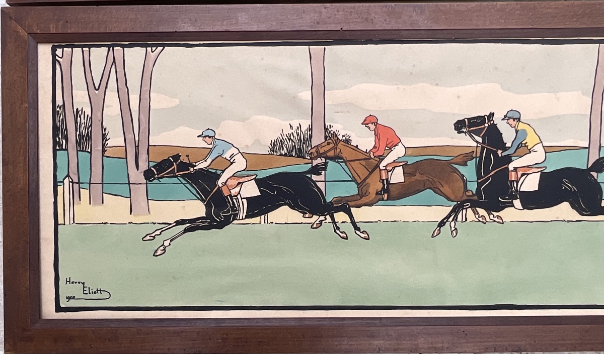HARRY ELIOTT PAIRE DE FRISES GRANDS POCHOIRS  ÉQUITATION CHEVAL LITHO ORIGINALE 1909-photo-2