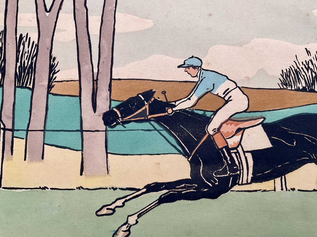 HARRY ELIOTT PAIRE DE FRISES GRANDS POCHOIRS  ÉQUITATION CHEVAL LITHO ORIGINALE 1909-photo-4