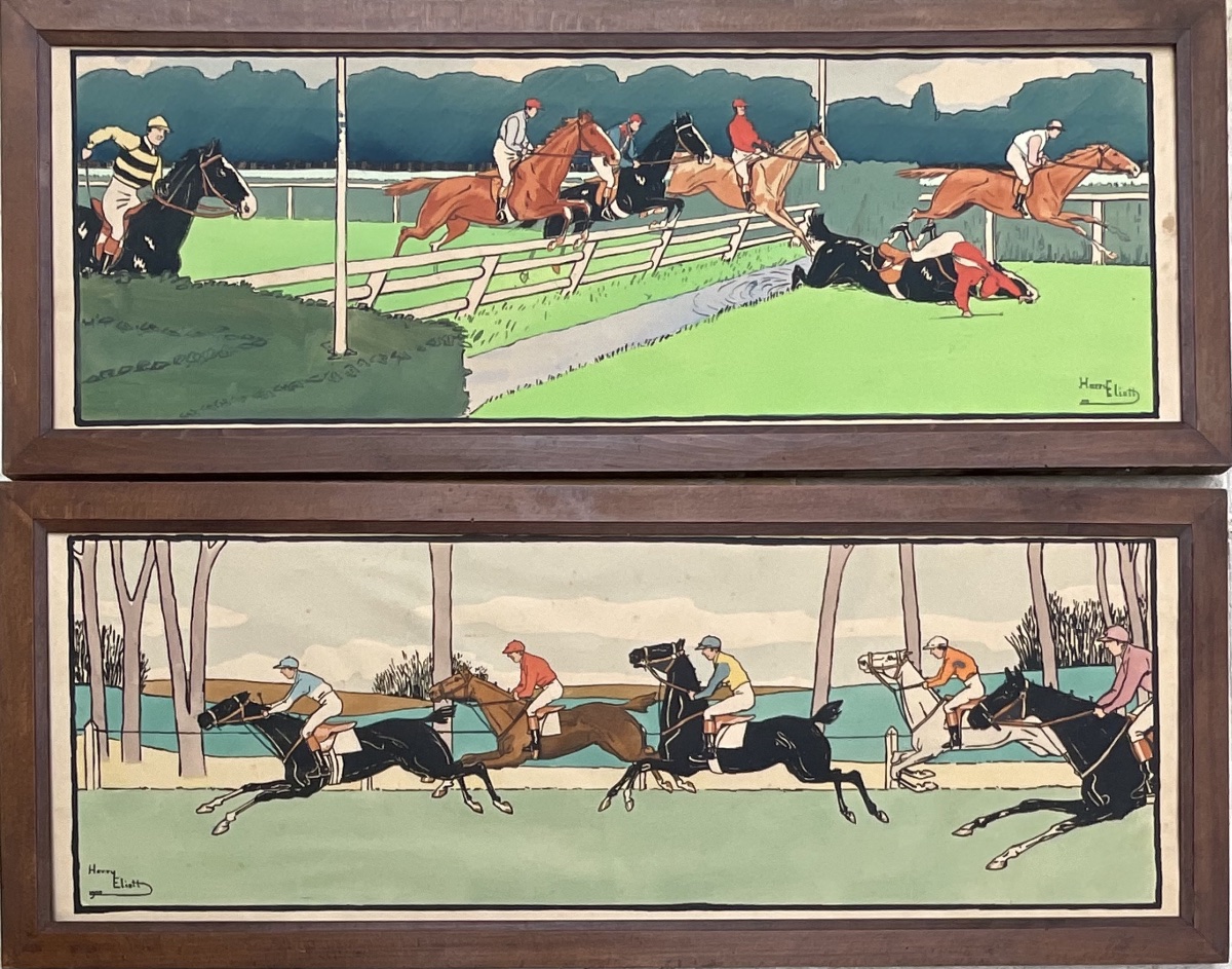 HARRY ELIOTT PAIRE DE FRISES GRANDS POCHOIRS  ÉQUITATION CHEVAL LITHO ORIGINALE 1909