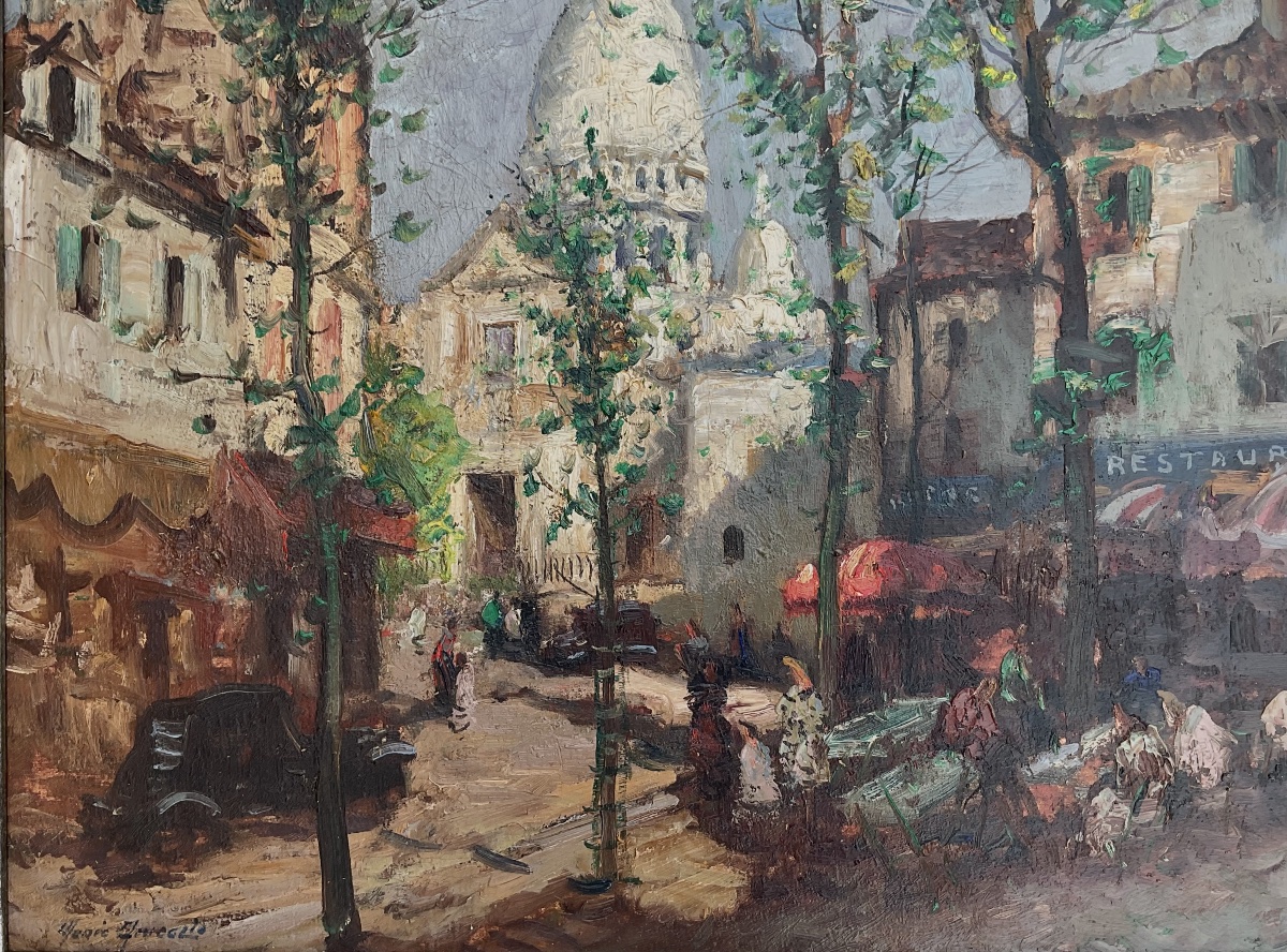 Mério Améglio Tableau HST Scène animée Paris Montmartre Place du tertre 55 x 46 cm -photo-1