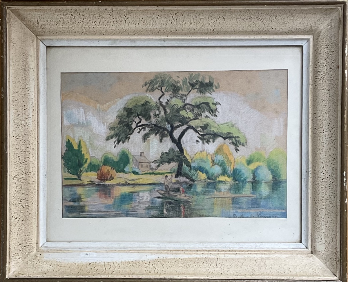 Paul Émile Pissaro  Pastel  Clecy Hameau Cantepie Maison du peintre Barque sur l’Orne