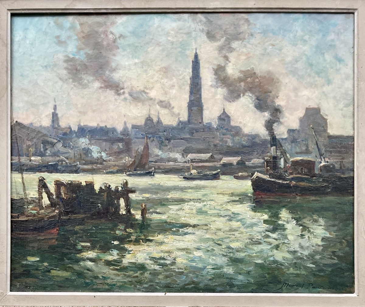 MARCEL PARTURIER TABLEAU MARINE PEINTURE 1950 L’ESCAUT PORT ANVERS BELGIQUE-photo-2