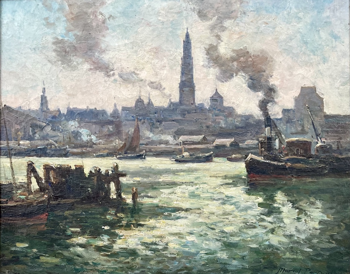 MARCEL PARTURIER TABLEAU MARINE PEINTURE 1950 L’ESCAUT PORT ANVERS BELGIQUE-photo-3