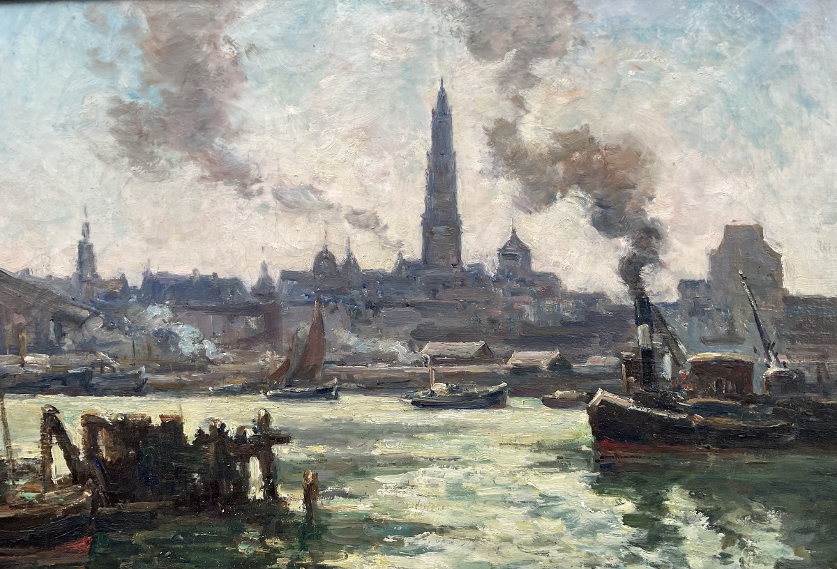 MARCEL PARTURIER TABLEAU MARINE PEINTURE 1950 L’ESCAUT PORT ANVERS BELGIQUE-photo-4