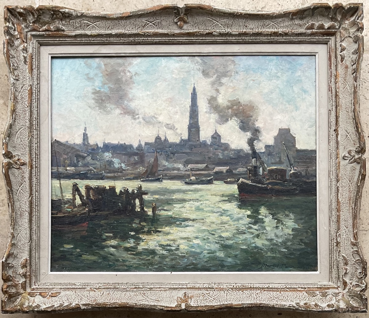 MARCEL PARTURIER TABLEAU MARINE PEINTURE 1950 L’ESCAUT PORT ANVERS BELGIQUE
