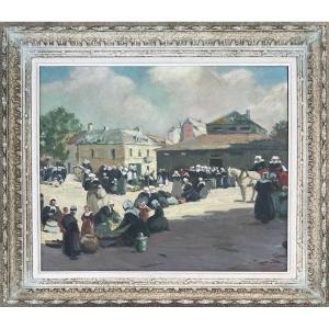 Maurice Ménardeau Tableau scène de marché en Bretagne 