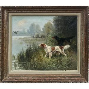 Eugène Petit Tableau Scène de chasse Cynégétique Peinture XIXè Dim 15F