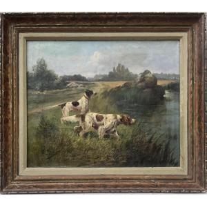 Eugène Petit tableau XIXè Scène de châsse  Cynégétique Peinture 15F 