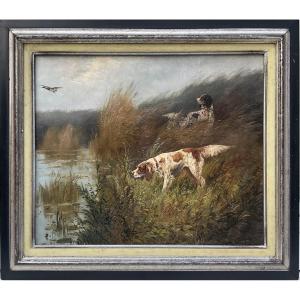 Eugène Petit Tableau XIXè Scène de chasse Cynégétique peinture Dim 10F