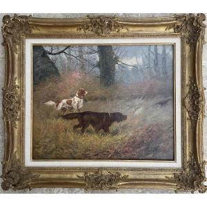Eugène Petit Tableau XIXè Scène de chasse Cynégétique Peinture Dim 10F