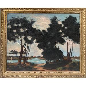 ANDRÉ DUNOYEZ DE SEGONZAC TABLEAU HST 1920 PAYSAGE BORD DE MER 