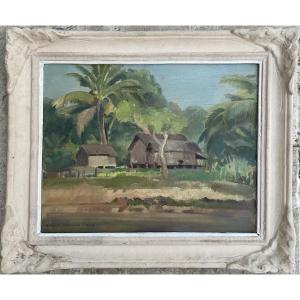 EMILIO AMBRON TABLEAU 1943 PEINTURE ORIGINALE PAYSAGE DE BALI