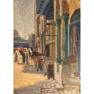 LUCIENNE CAPDEVIELLE TABLEAU 1920/30 PEINTURE SCÈNE ANIMÉE ALGER BORD MER ALGÉRIE