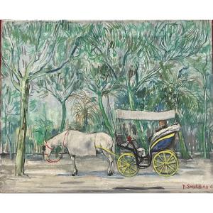 PAUL SMOLDERS TABLEAU PEINTURE ORIGINALE CALÈCHE CHEVAUX DANS UN PARC 1962