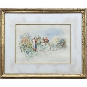 Alphonse Birck Original Orientalist Watercolor Rider And Horse Algiers 1891